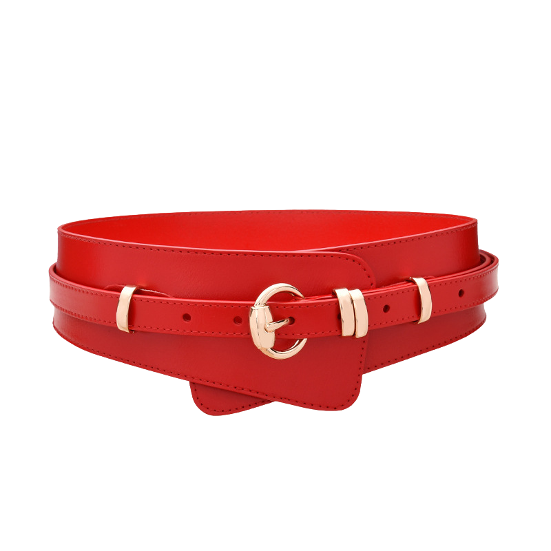 Ceinture Camélia rouge en cuir de vachette, boucle ardillon dorée, largeur 1,5 cm, design sobre et élégant.