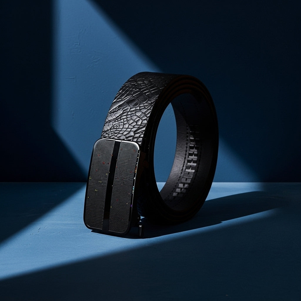 Ceinture homme Camille 1 noire en cuir de vachette pleine fleur avec relief serpent embossé et boucle automatique en acier inoxydable noir #fullwidth