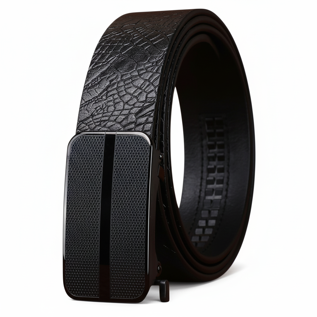 Ceinture homme Camille 1 noire en cuir de vachette pleine fleur avec embossage serpent et boucle automatique en acier inoxydable noir.