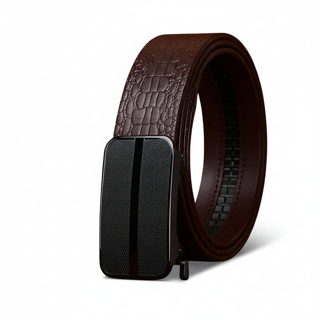 Ceinture homme Camille 1 en cuir marron avec relief serpent embossé et boucle automatique noire en acier inoxydable.