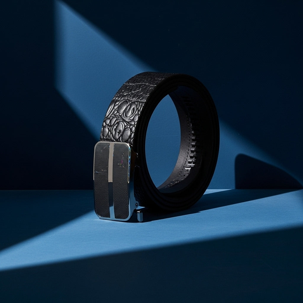 Ceinture Camille 2 pour homme, en cuir de vachette noir avec relief crocodile embossé et boucle automatique en acier inoxydable noir #fullwidth