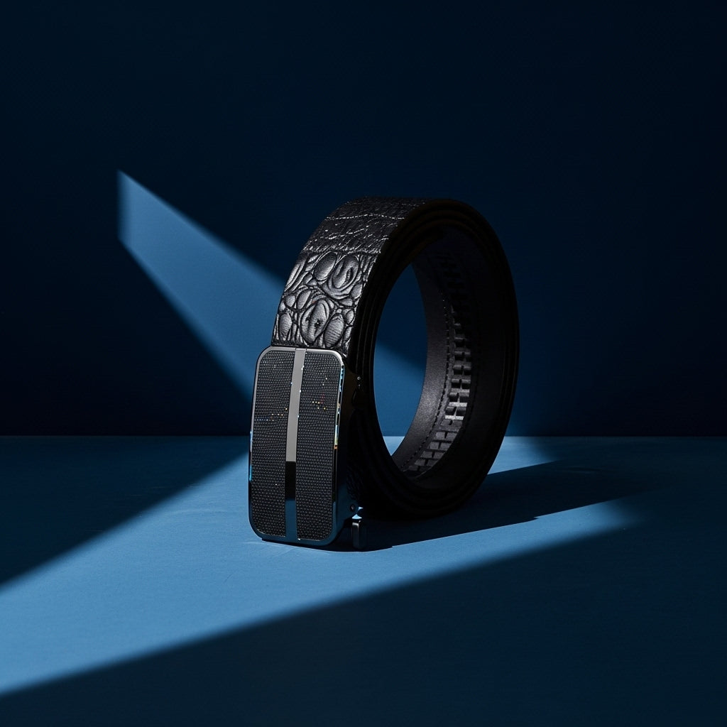 Ceinture Camille 2 pour homme en cuir noir pleine fleur avec embossage crocodile et boucle automatique argentée et noire. #fullwidth