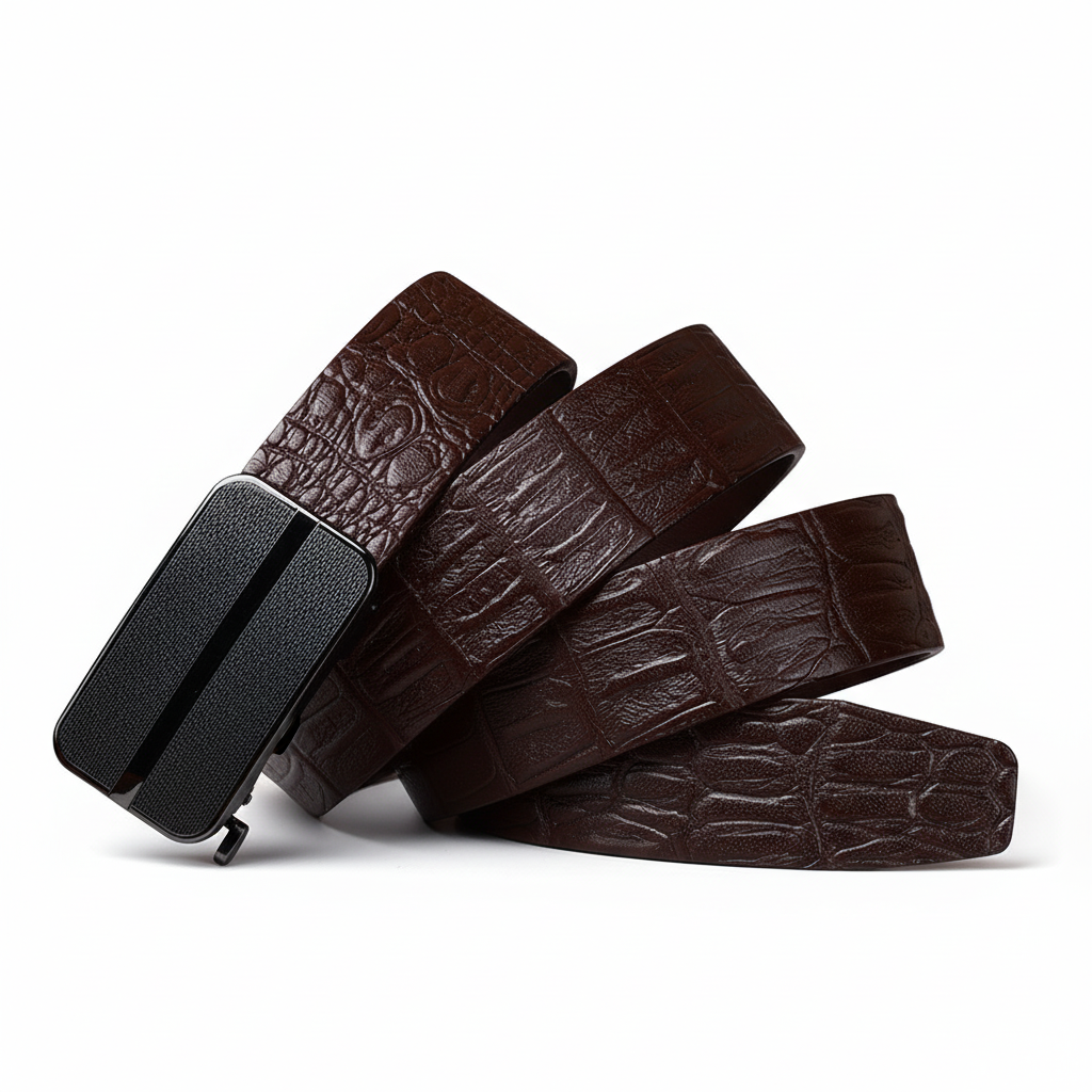 Ceinture homme Camille 2 en cuir marron avec relief crocodile et boucle automatique en acier noir