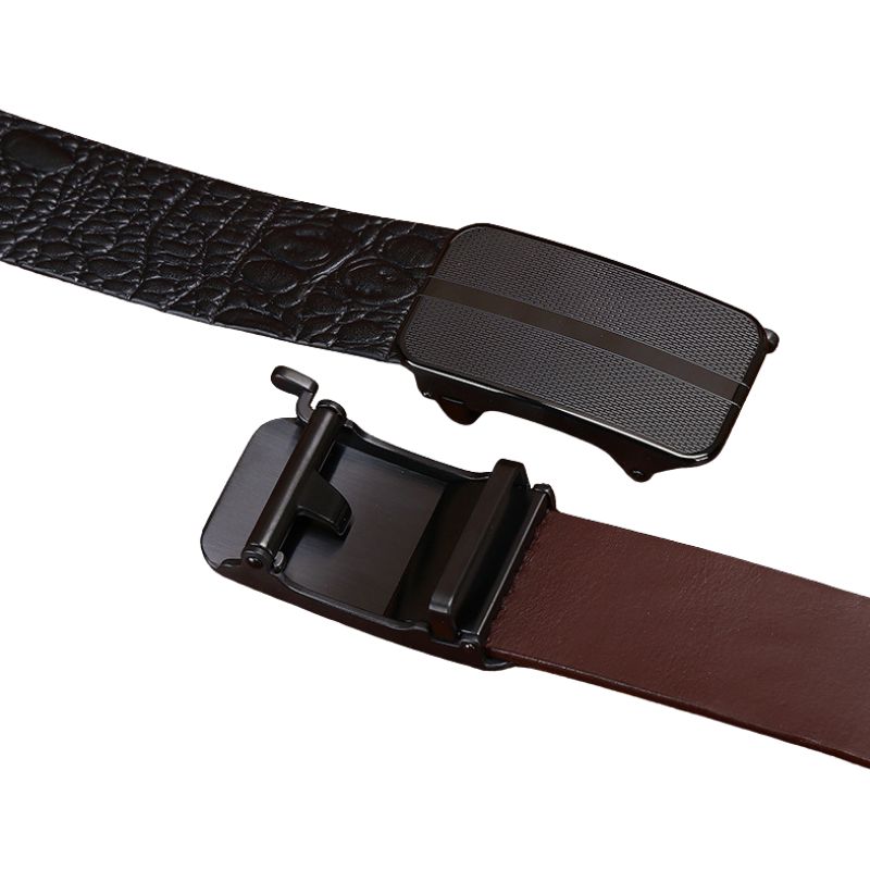 Ceinture Camille 2 en cuir de vachette pleine fleur avec relief crocodile embossé noir et boucle automatique en acier inoxydable noir