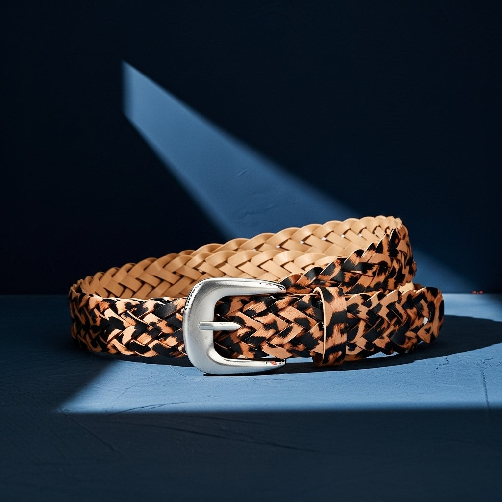 Ceinture femme Camille en simili cuir tressé à la main avec un motif léopard et une boucle ardillon argentée arrondie. #fullwidth