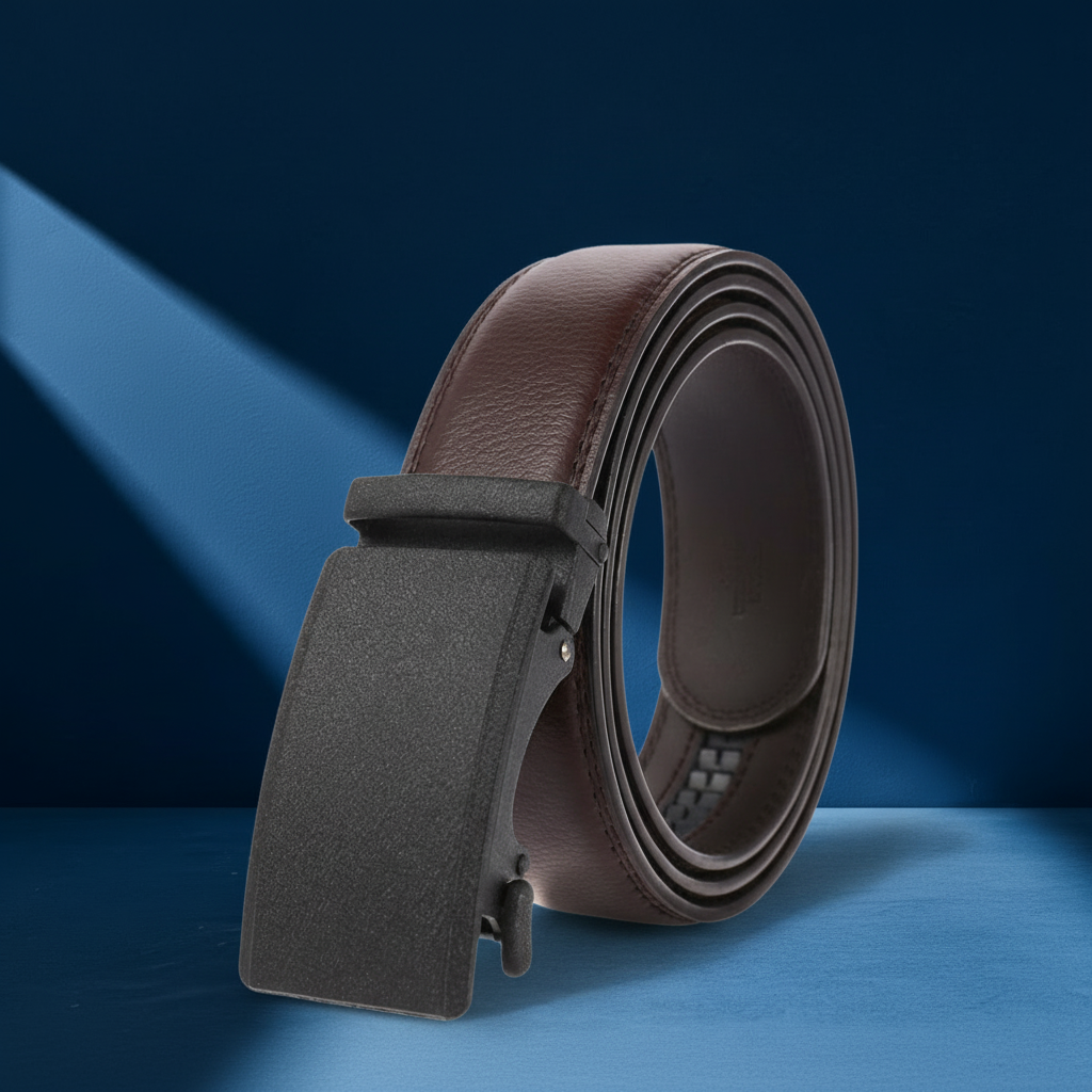 Ceinture homme Camus en cuir marron avec boucle automatique grise et texture 20T. #fullwidth
