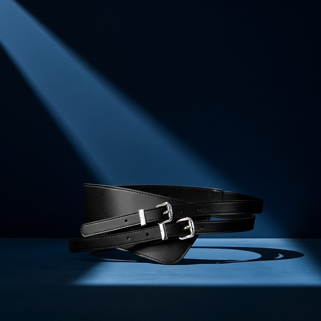 Ceinture Candeur noire en cuir refendu, asymétrique avec double boucle ardillon carrée argentée, design moderne et élégant. #fullwidth
