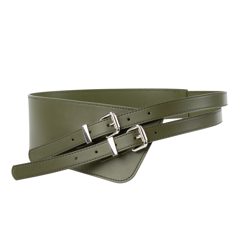 Ceinture pour femme Candeur en cuir vert, avec double boucle carrée argentée et design asymétrique.