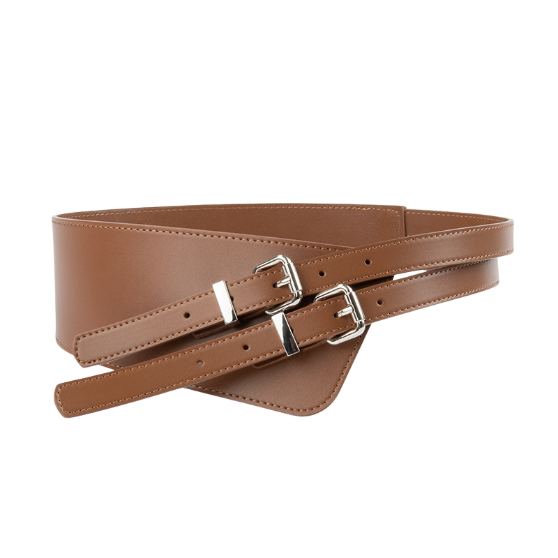 Ceinture femme Candeur marron en cuir avec double boucle argentée, design asymétrique large