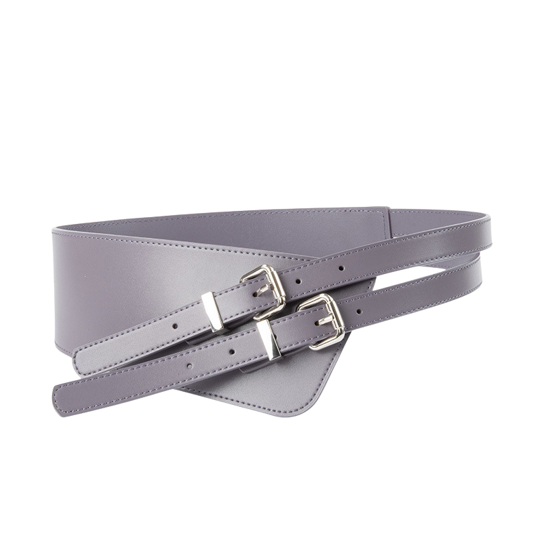 Ceinture femme Candeur en cuir refendu gris avec deux boucles ardillon argentées carrées et une forme asymétrique