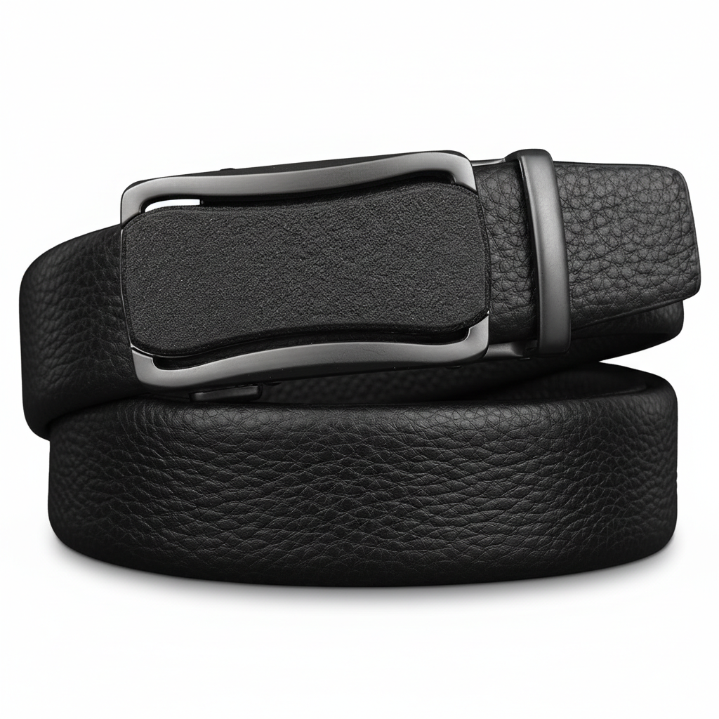 Ceinture homme Cannes 1 en cuir noir grainé avec boucle automatique rectangulaire argentée lisse