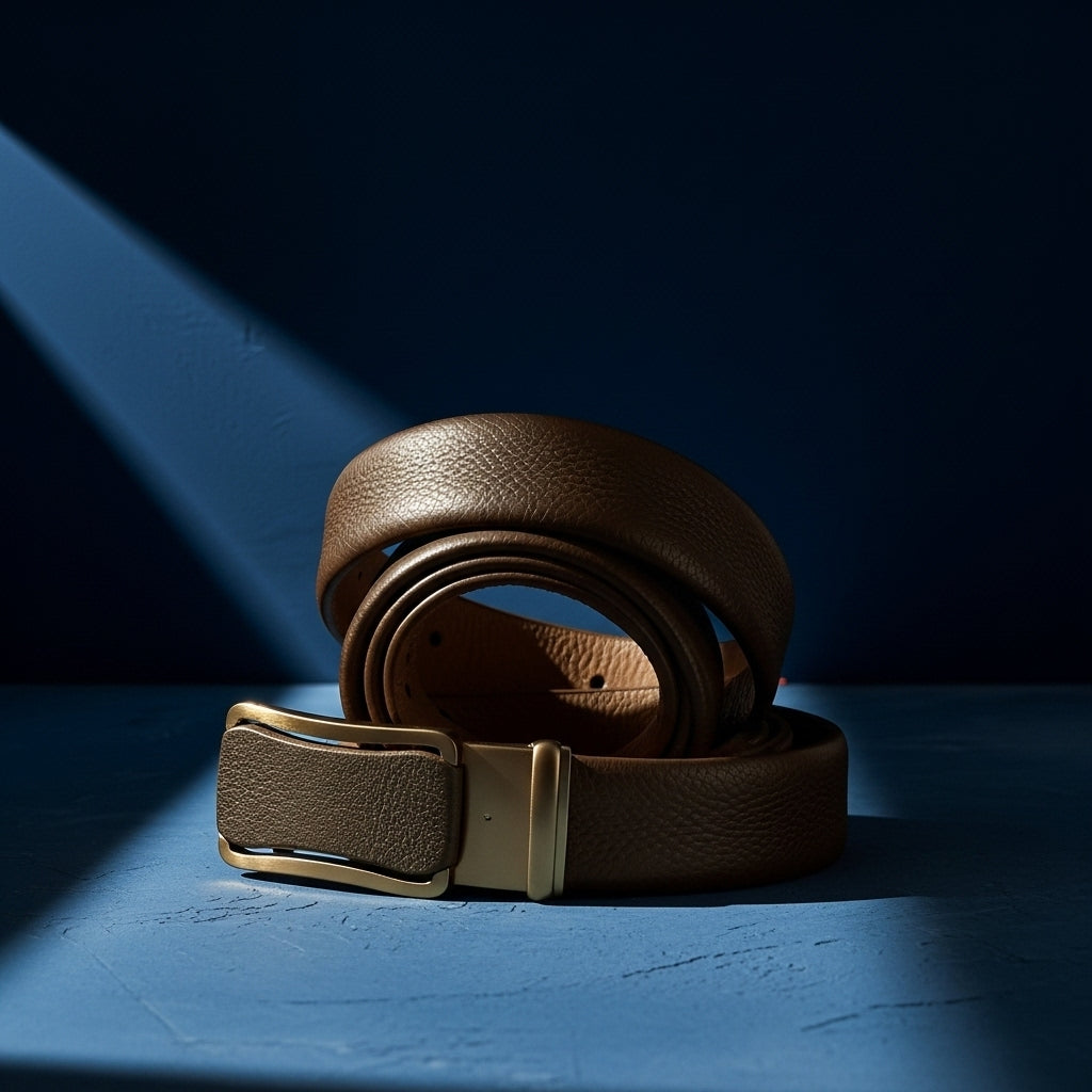 Ceinture Cannes 1 pour homme en cuir pleine fleur marron avec boucle automatique rectangulaire dorée et détails grainés. #fullwidth