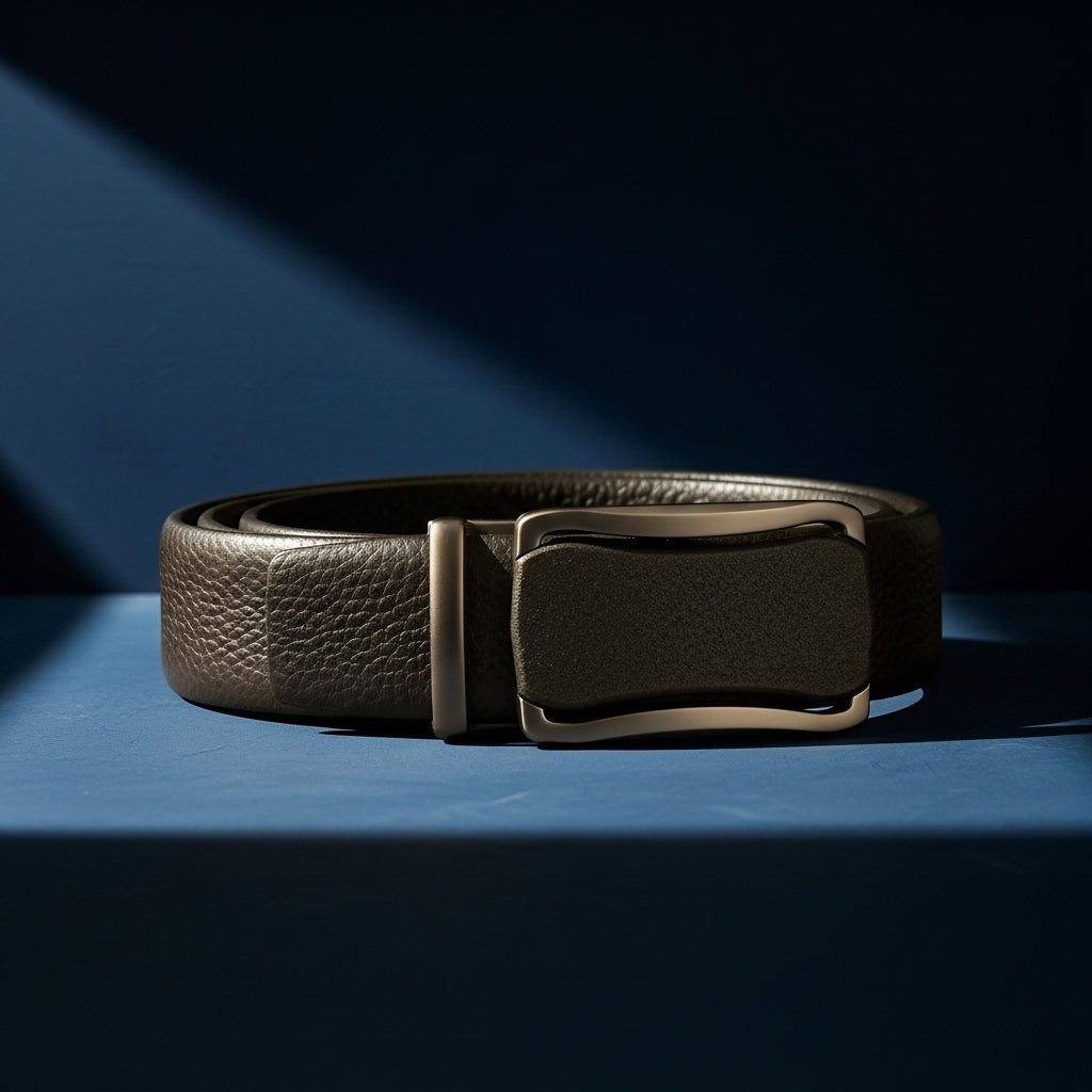 Ceinture pour homme Cannes 1 en cuir de vachette grainé marron avec une boucle automatique rectangulaire argentée. #fullwidth