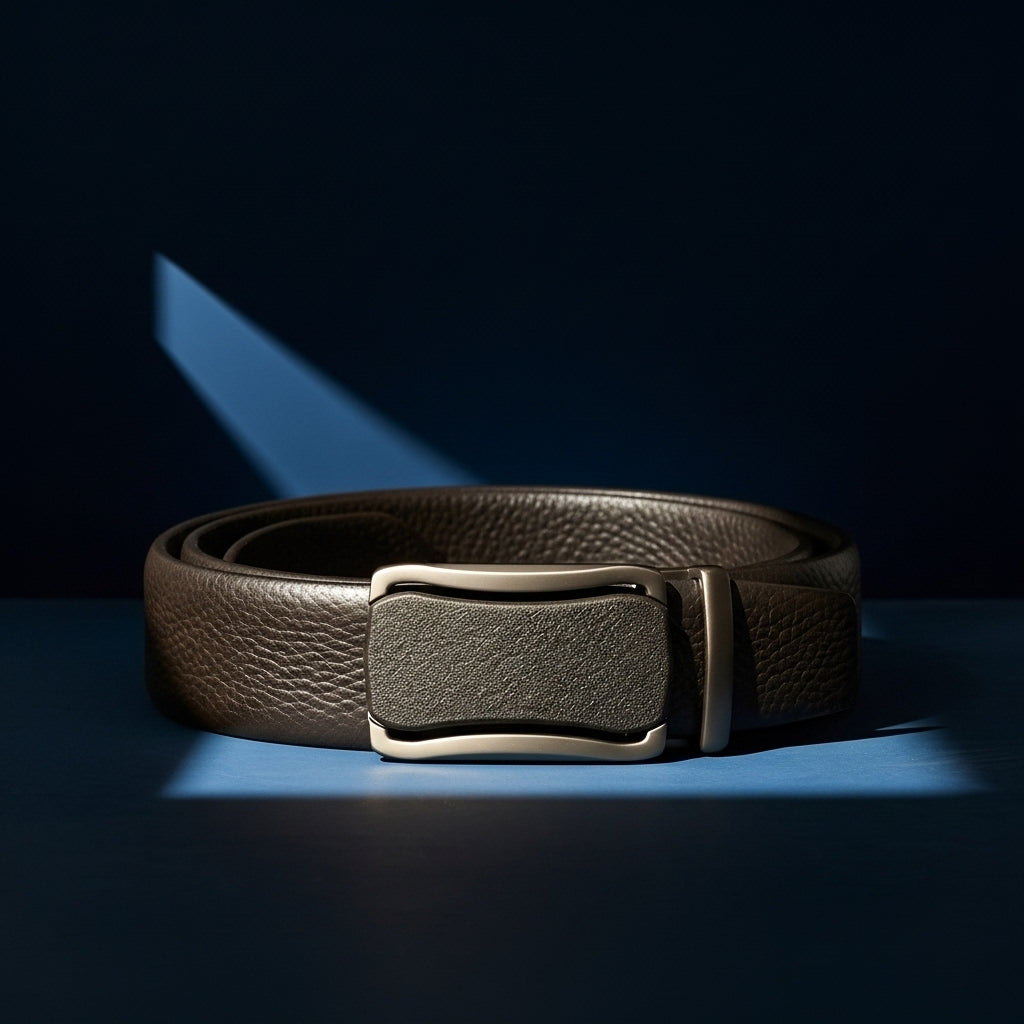 Ceinture homme Cannes 1 en cuir pleine fleur marron texturé grainé, avec boucle automatique rectangulaire argentée polie et insert texturé. #fullwidth