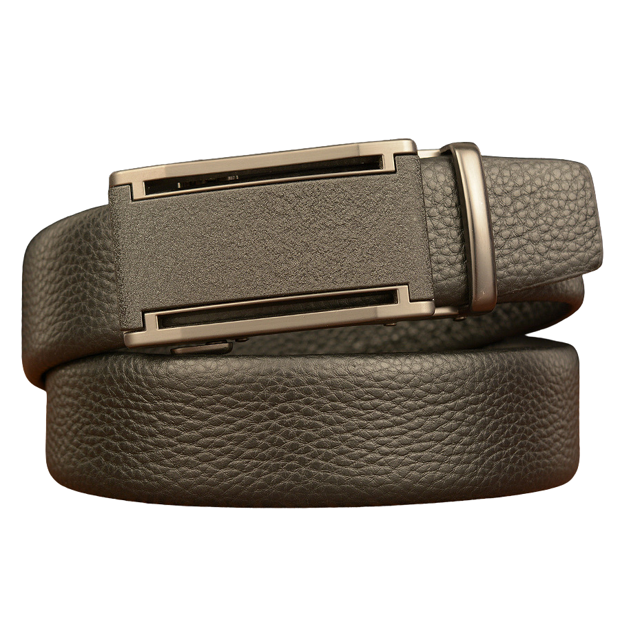 Ceinture Cannes 2 pour homme en cuir noir texturé grainé avec boucle automatique rectangulaire argentée lisse. #fullwidth