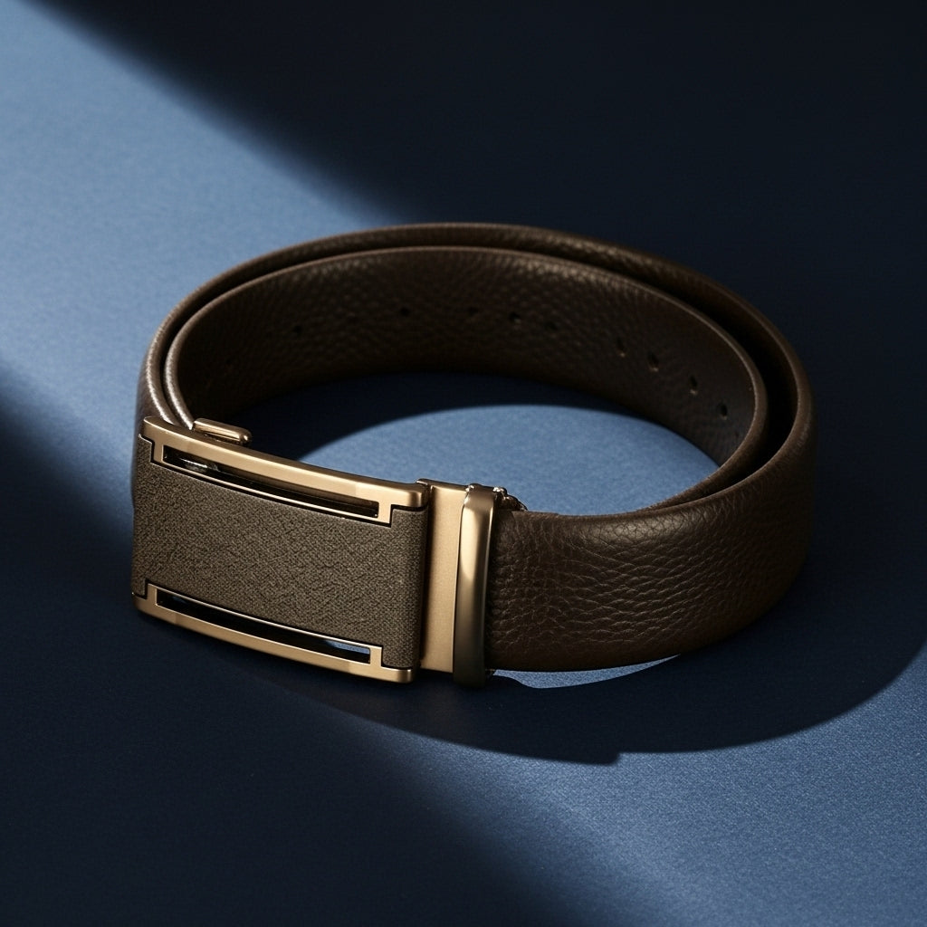 Ceinture Cannes 2 pour homme en cuir pleine fleur marron, avec boucle automatique rectangulaire argentée et texturée. #fullwidth
