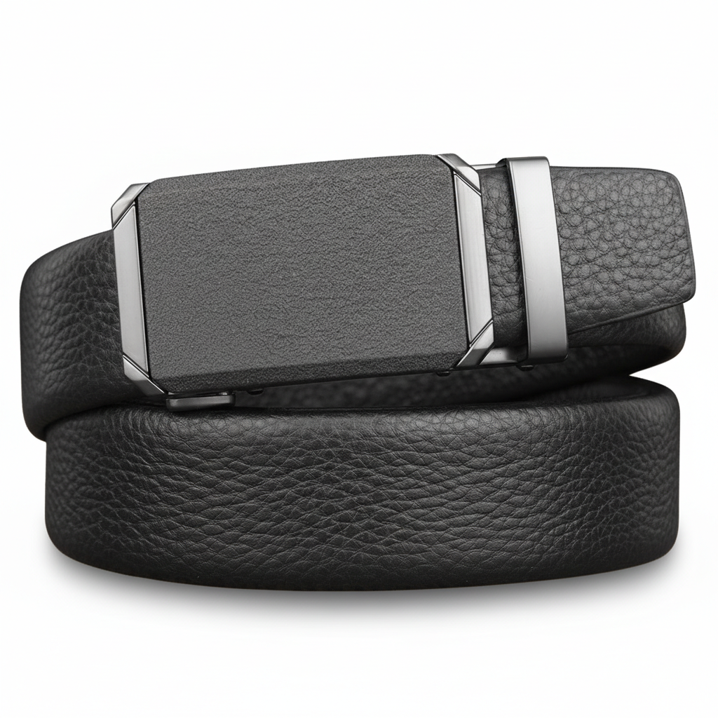 Ceinture Cannes 3 pour homme en cuir pleine fleur noir, grain texturé, boucle automatique rectangulaire argentée lisse.