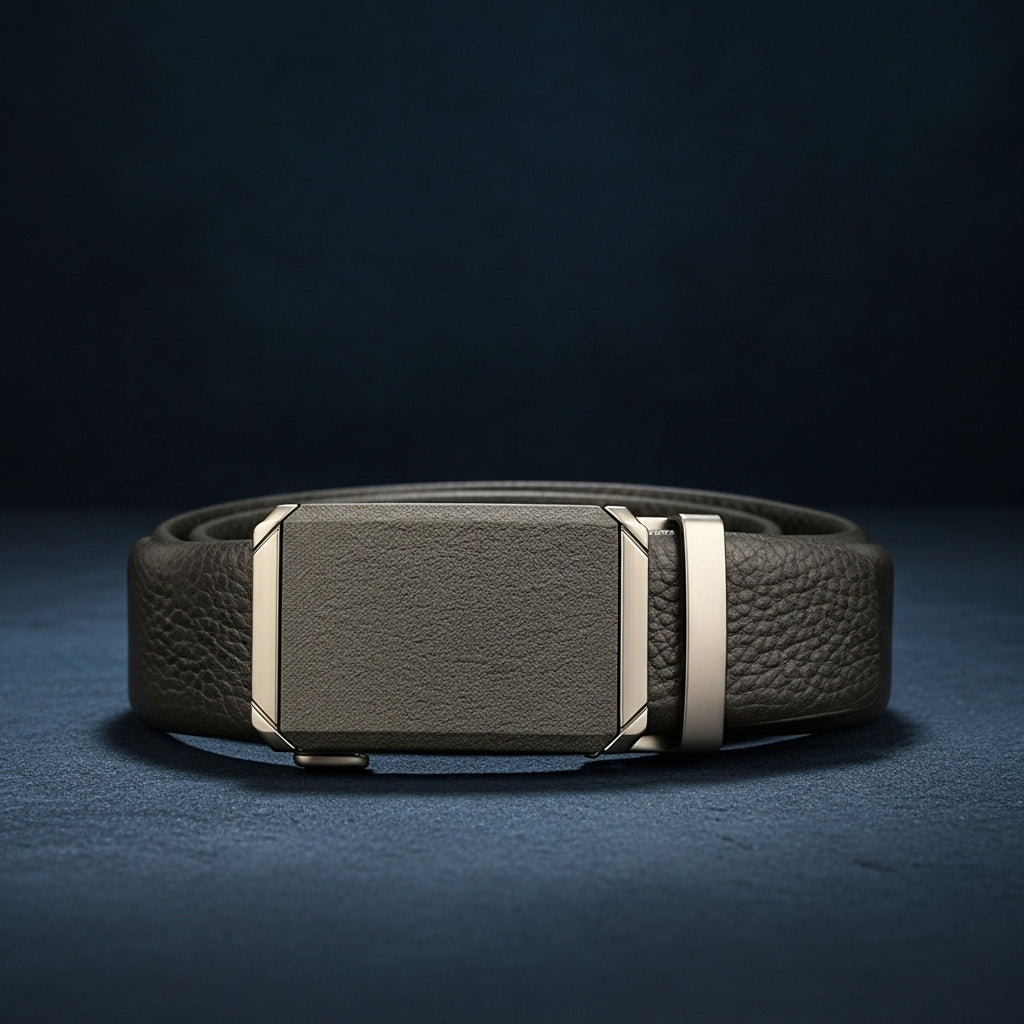 Ceinture homme Cannes 3 en cuir pleine fleur texturé grainé de couleur café avec boucle automatique rectangulaire lisse en alliage argenté. #fullwidth