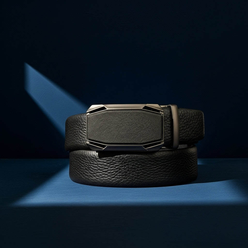 Ceinture Cannes 4 pour homme en cuir pleine fleur noir, avec une boucle automatique argentée rectangulaire et une lanière texturée grainée. #fullwidth