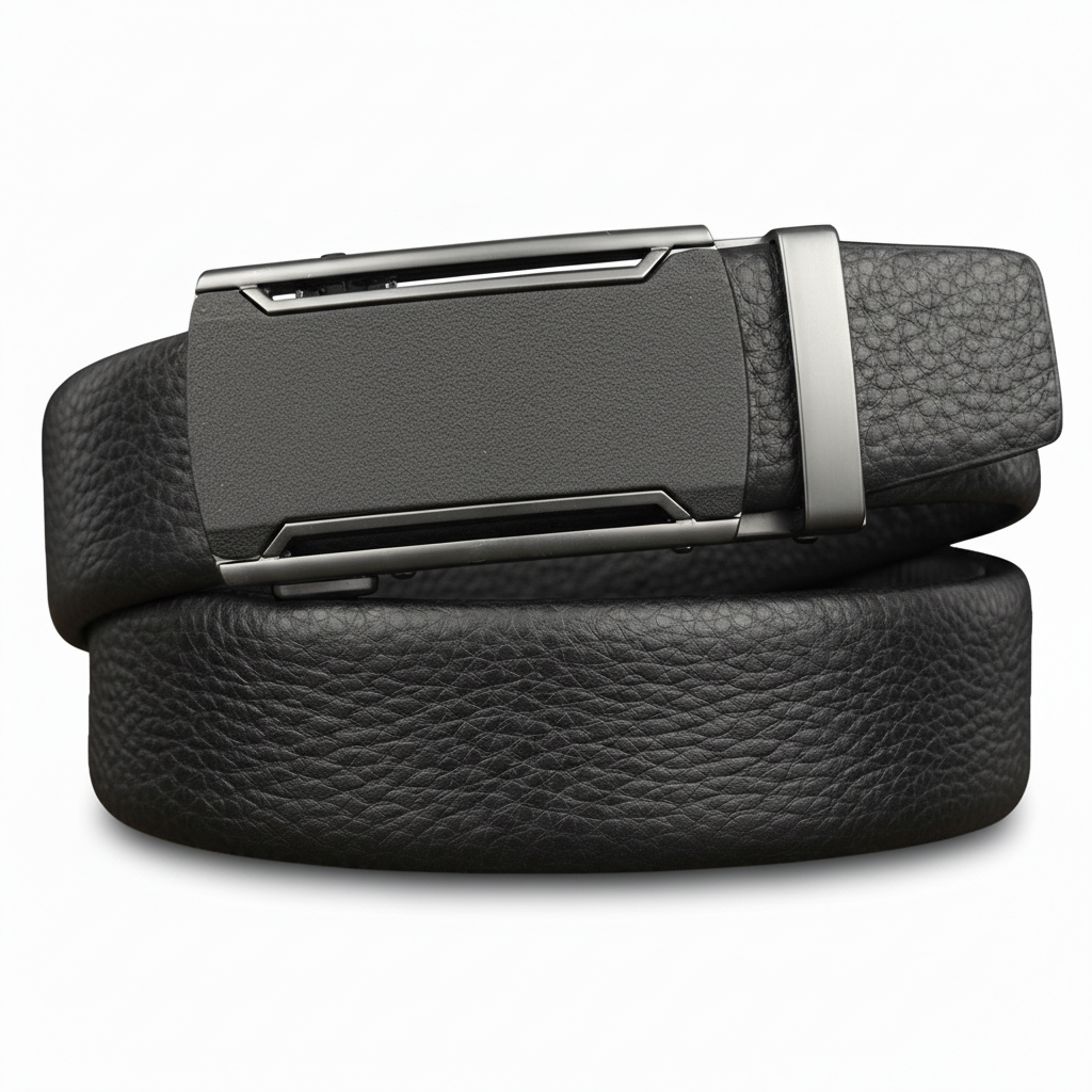 Ceinture homme Cannes 5 en cuir noir grainé, avec boucle automatique argentée rectangulaire et texturée. Largeur 3,5 cm.