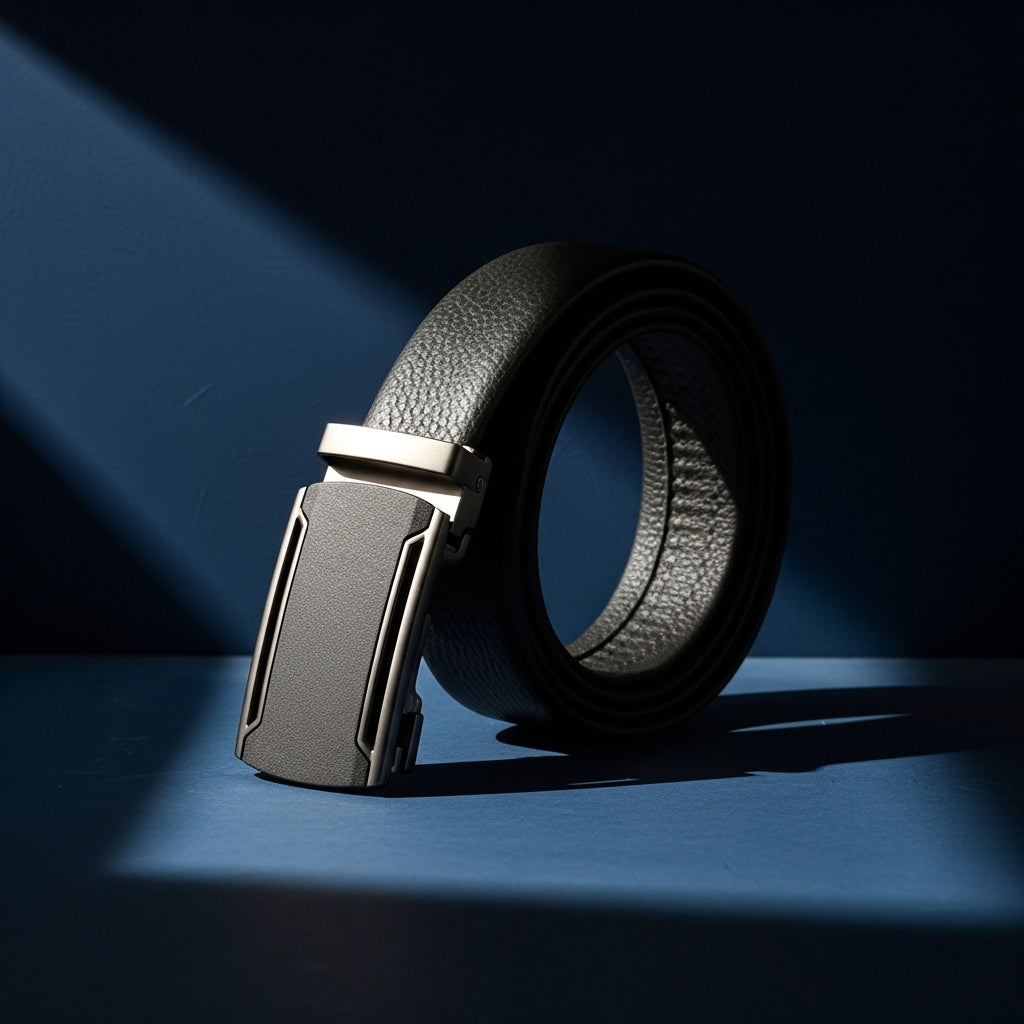 Ceinture Cannes 5 pour homme en cuir pleine fleur noir, avec une lanière texturée grainée et une boucle automatique rectangulaire argentée. #fullwidth
