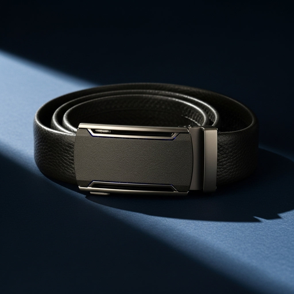 Ceinture Cannes 5 pour homme en cuir pleine fleur grainé noir, avec boucle automatique argentée épurée. #fullwidth
