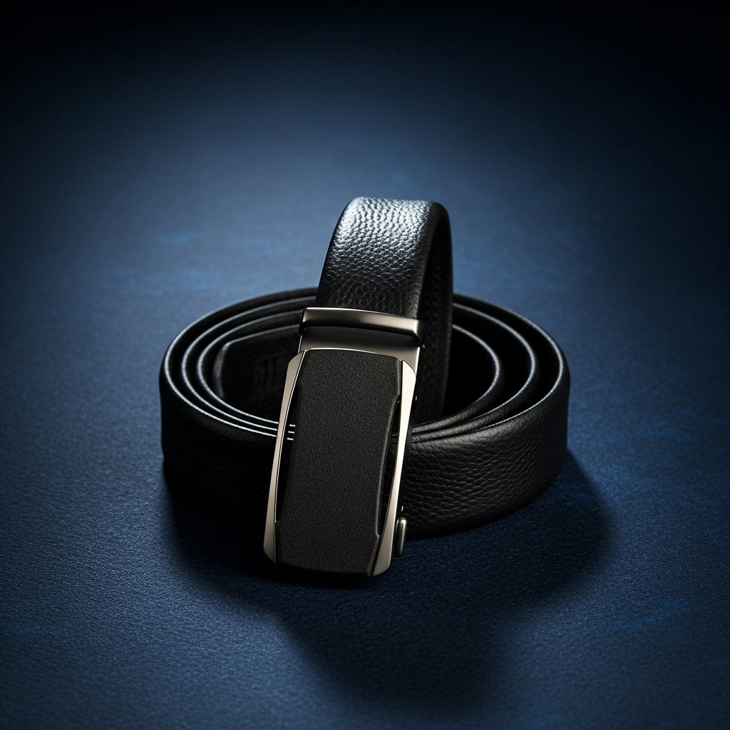 Ceinture homme Cannes 6 en cuir pleine fleur noire, avec boucle automatique argentée et lanière texturée grainée. #fullwidth