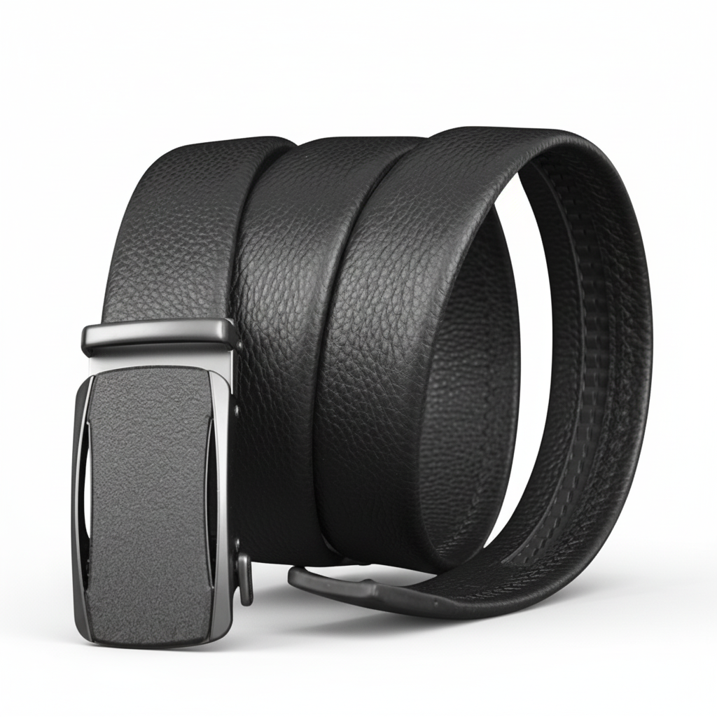 Ceinture homme Cannes 6 en cuir noir grainé avec boucle automatique argentée lisse et épurée. Largeur 3,5 cm.