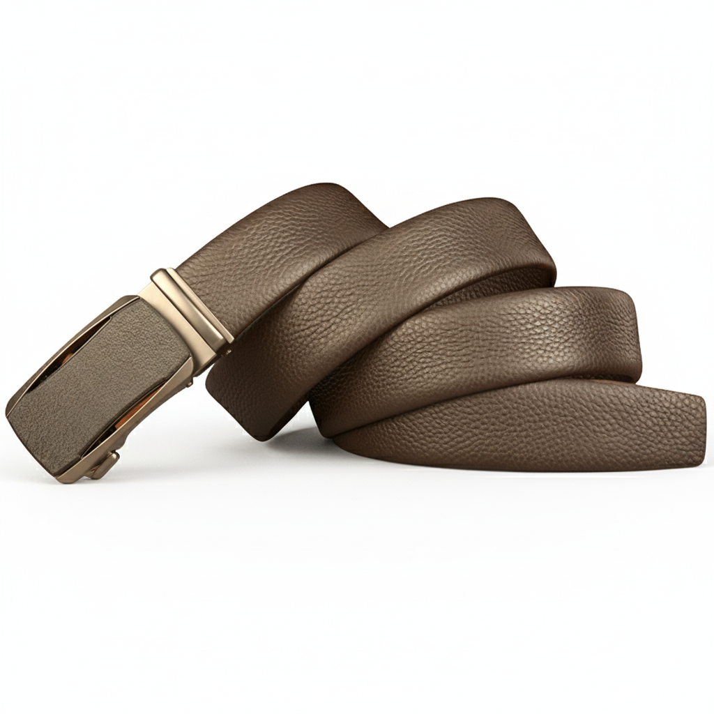 Ceinture homme Cannes 6 en cuir marron grainé avec boucle automatique argentée, largeur 3.5 cm