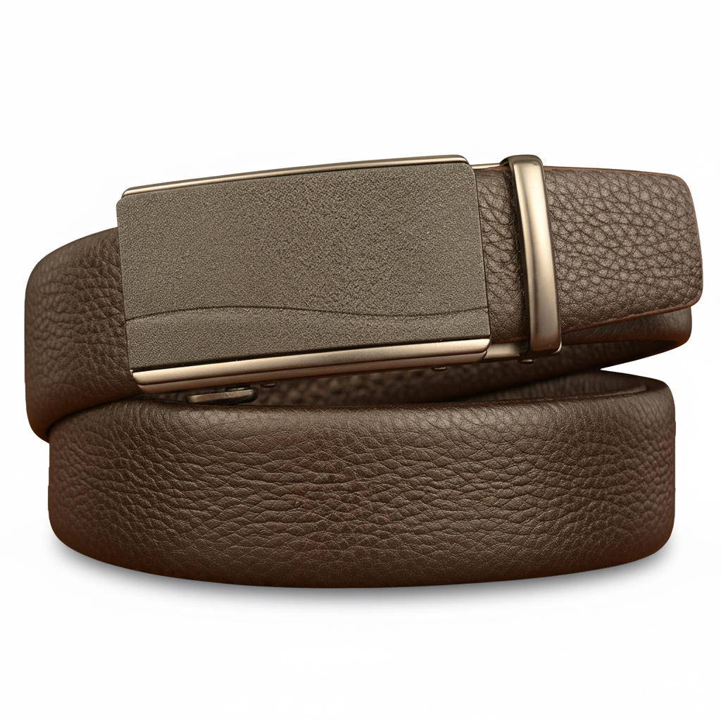 Ceinture homme Cannes 7 en cuir grainé marron, avec boucle automatique argentée rectangulaire et texturée.