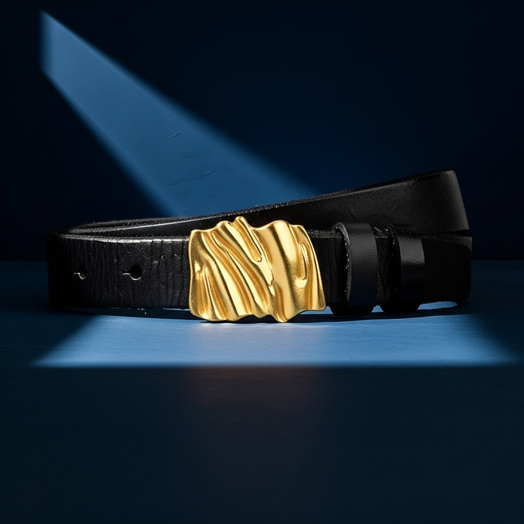 Ceinture femme Caresseuse en cuir noir grainé avec une boucle dorée texturée et plissée. #fullwidth