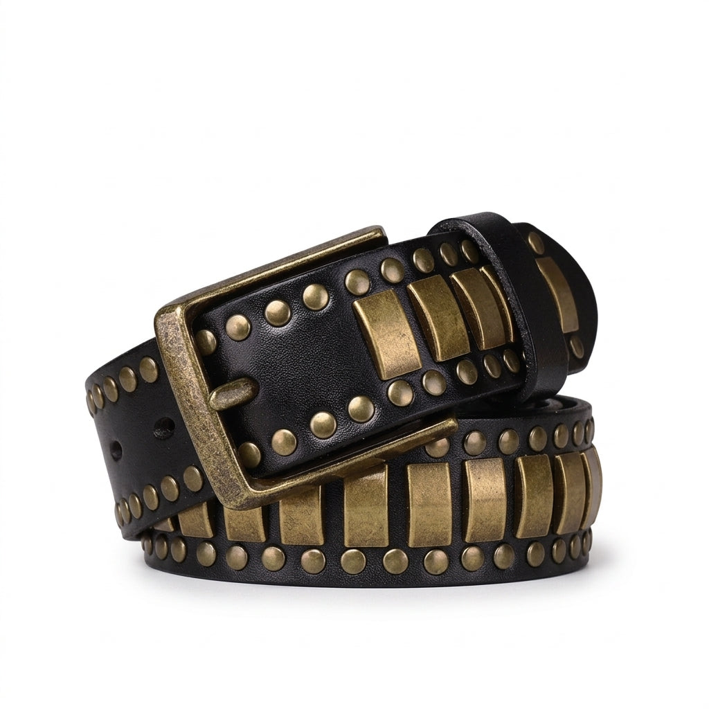Ceinture pour homme Carnac en cuir pleine fleur noir avec rivets et plaques métalliques vintage, boucle ardillon rectangulaire en alliage