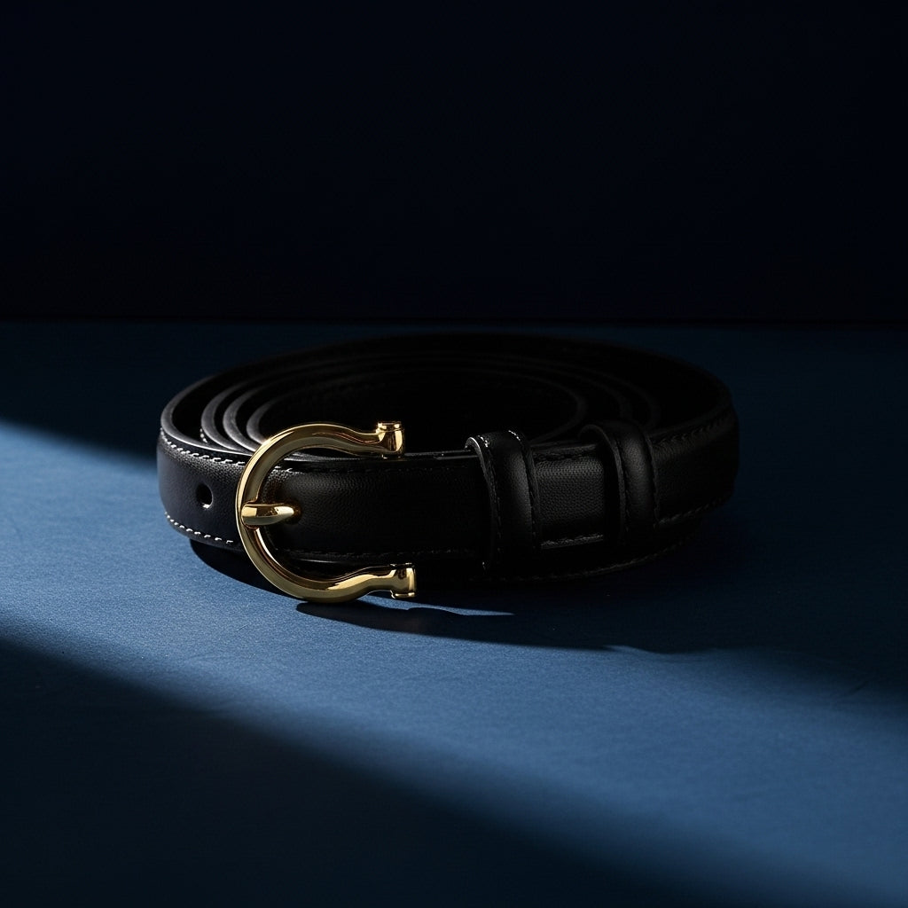 Ceinture femme noire Cassandre 1 en cuir pleine fleur avec boucle ardillon dorée demi-lune. #fullwidth