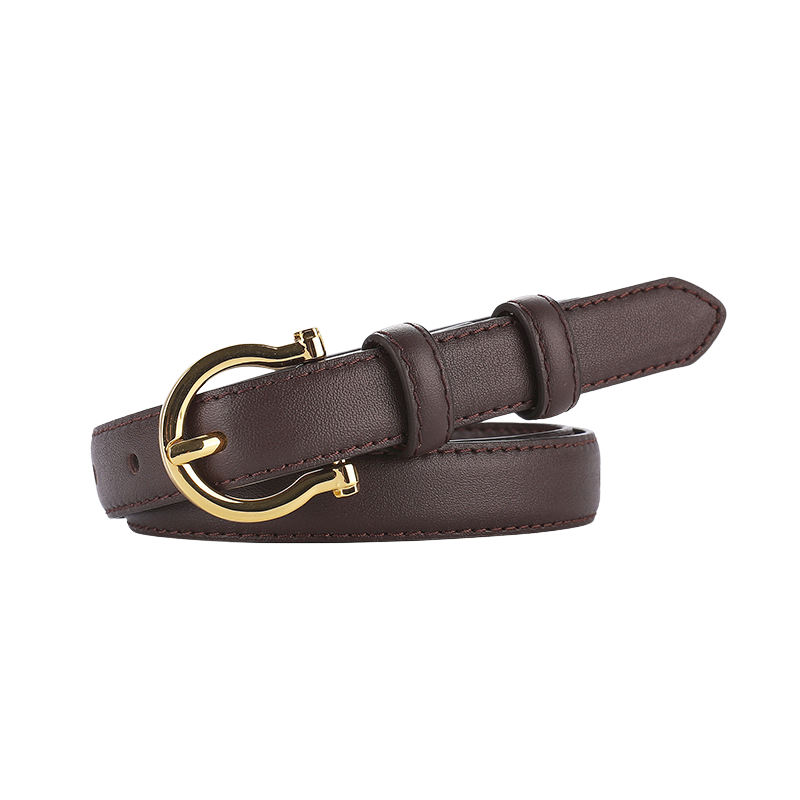 Ceinture femme Cassandre 1 en cuir marron foncé avec boucle dorée demi-lune.