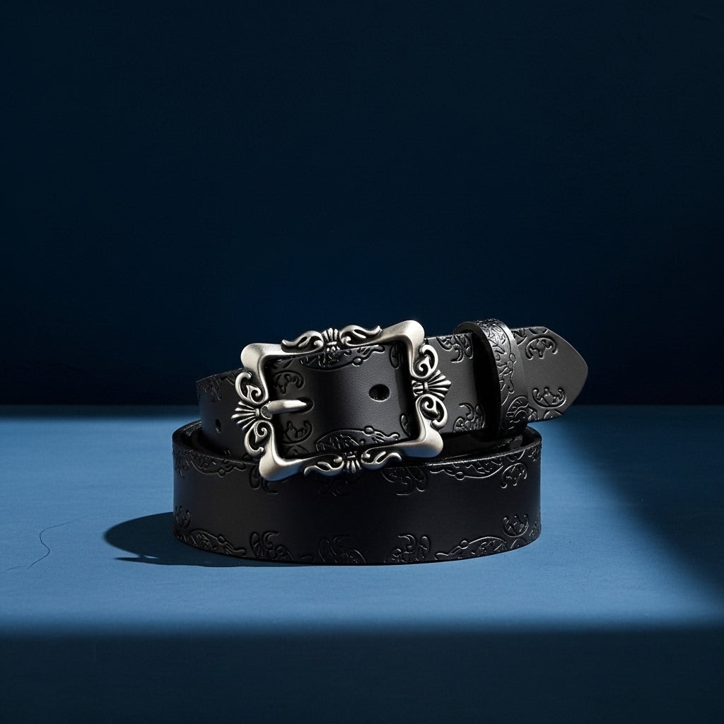 Ceinture pour femme Cassiene noire en simili cuir avec boucle argentée ornée et motifs gravés sur le pourtour #fullwidth