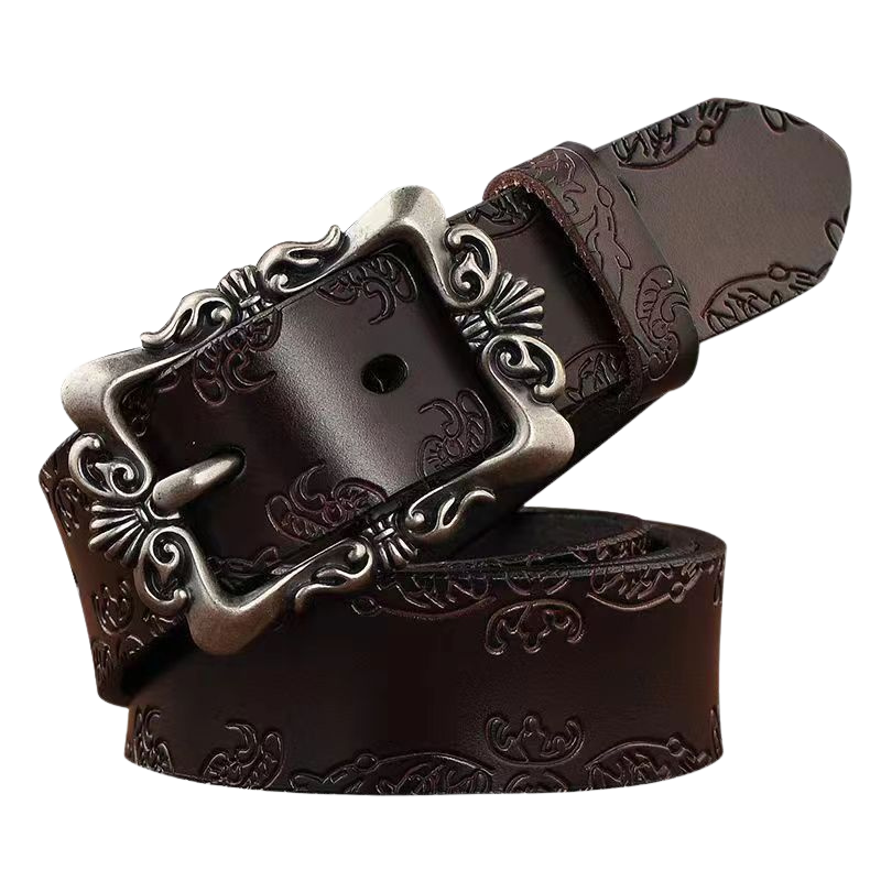 Ceinture pour femme Cassiene en simili cuir bordeaux avec boucle argentée ornée et motif floral en relief