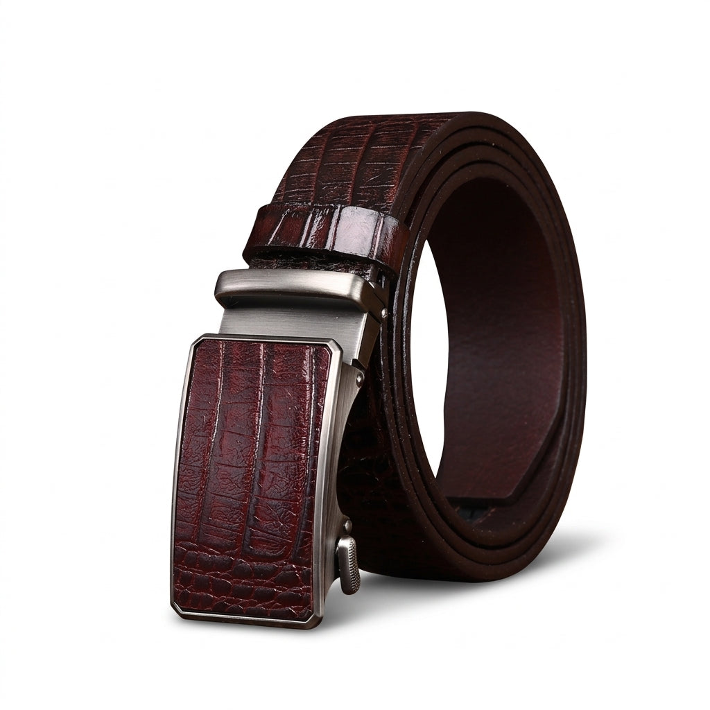 Ceinture homme Castiglione en cuir de vachette marron gaufré façon crocodile avec boucle automatique rectangulaire en alliage argenté