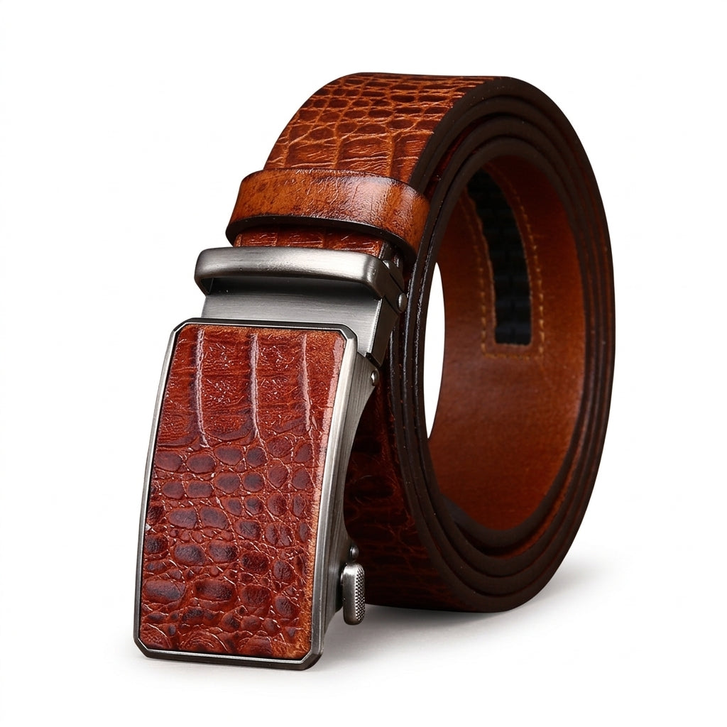 Ceinture homme Castiglione en cuir de vachette pleine fleur marron avec texture crocodile, boucle automatique rectangulaire argentée et système à crémaillère