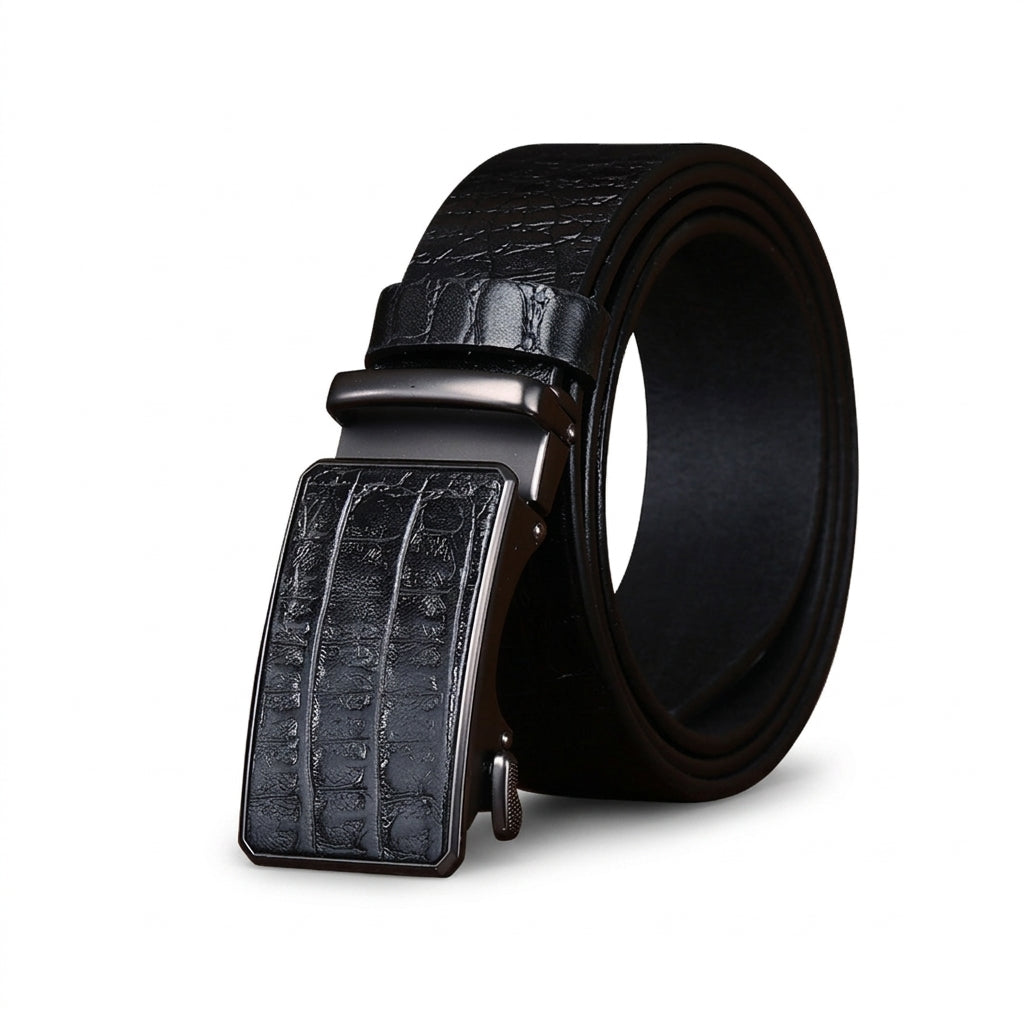 Ceinture homme Castiglione en cuir de vachette noir avec texture crocodile gaufrée et boucle automatique rectangulaire argentée brossée