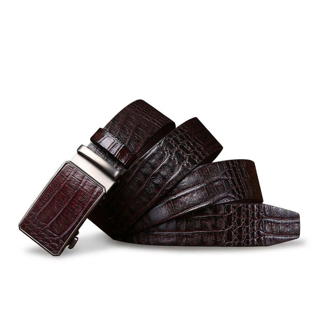 Ceinture homme Castiglione en cuir de vachette marron motif crocodile avec boucle automatique rectangulaire argentée brossée