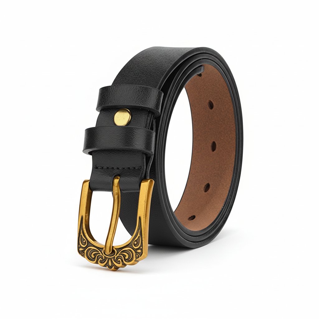 Ceinture femme Cécilia noire en cuir avec boucle ardillon dorée gravée de motifs floraux.