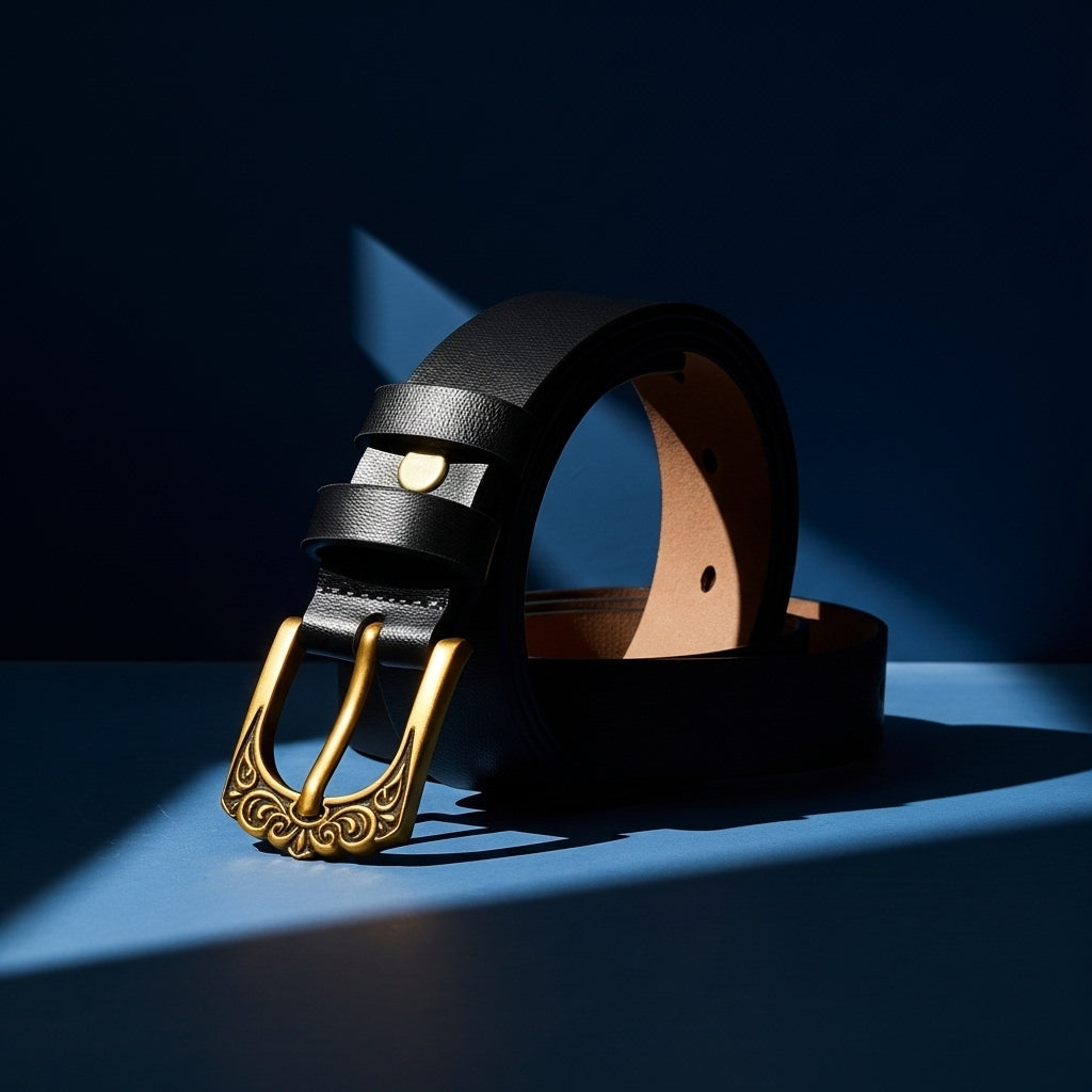 Ceinture pour femme Cécilia en cuir noir avec boucle ardillon dorée gravée de motifs floraux, #fullwidth
