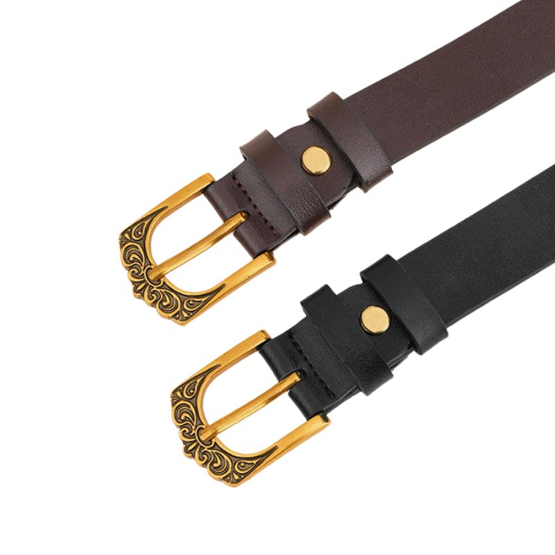 Ceinture Cécilia pour femme en cuir refendu, disponible en noir et marron, avec une boucle ardillon dorée gravée de motifs floraux.