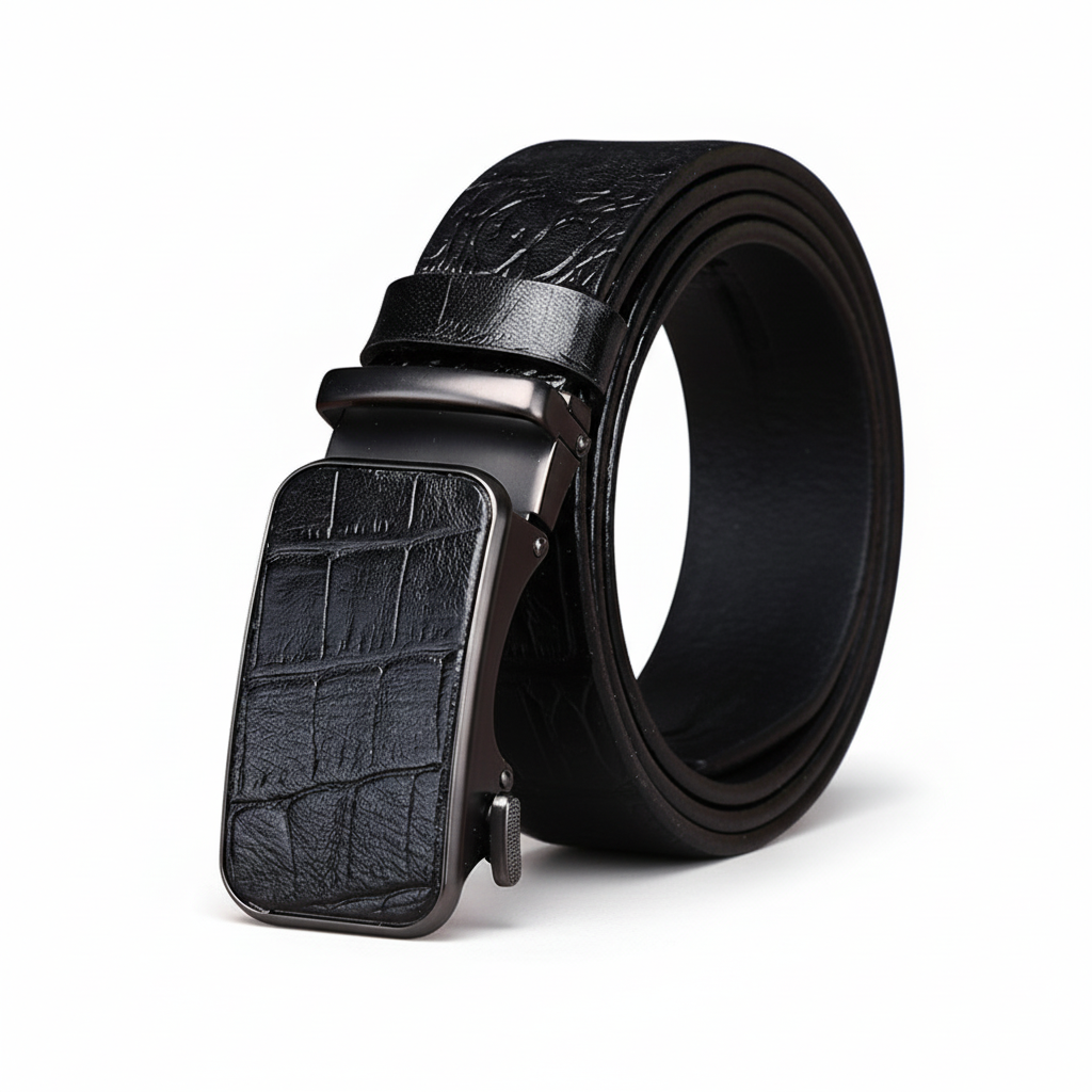 Ceinture pour homme Cédric en cuir noir avec boucle automatique rectangulaire argentée et motif crocodile embossé.