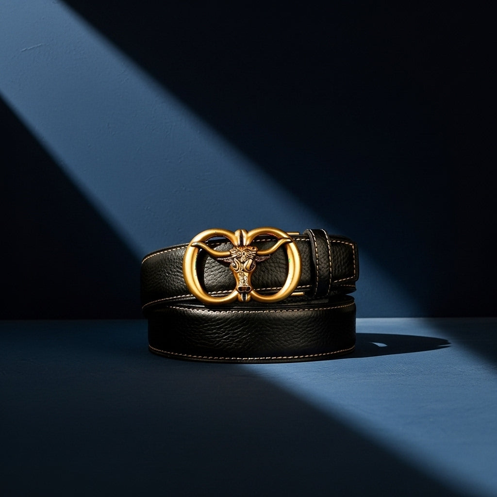 Ceinture homme Célestin 1 en cuir noir texturé avec boucle automatique dorée ornée d'une tête de taureau #fullwidth