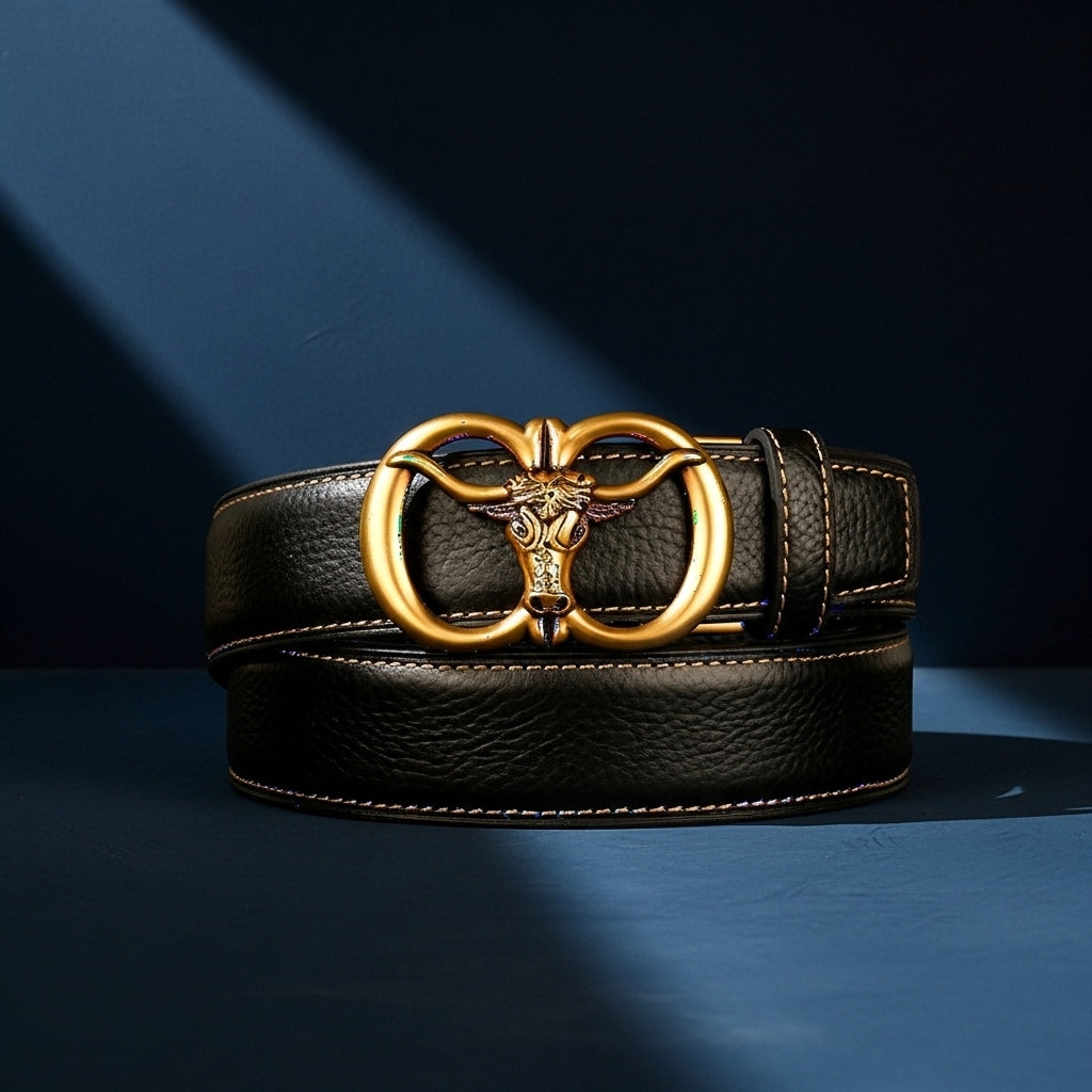 Ceinture pour homme Célestin 1 en cuir noir avec boucle dorée ornée d'une tête de taureau #fullwidth