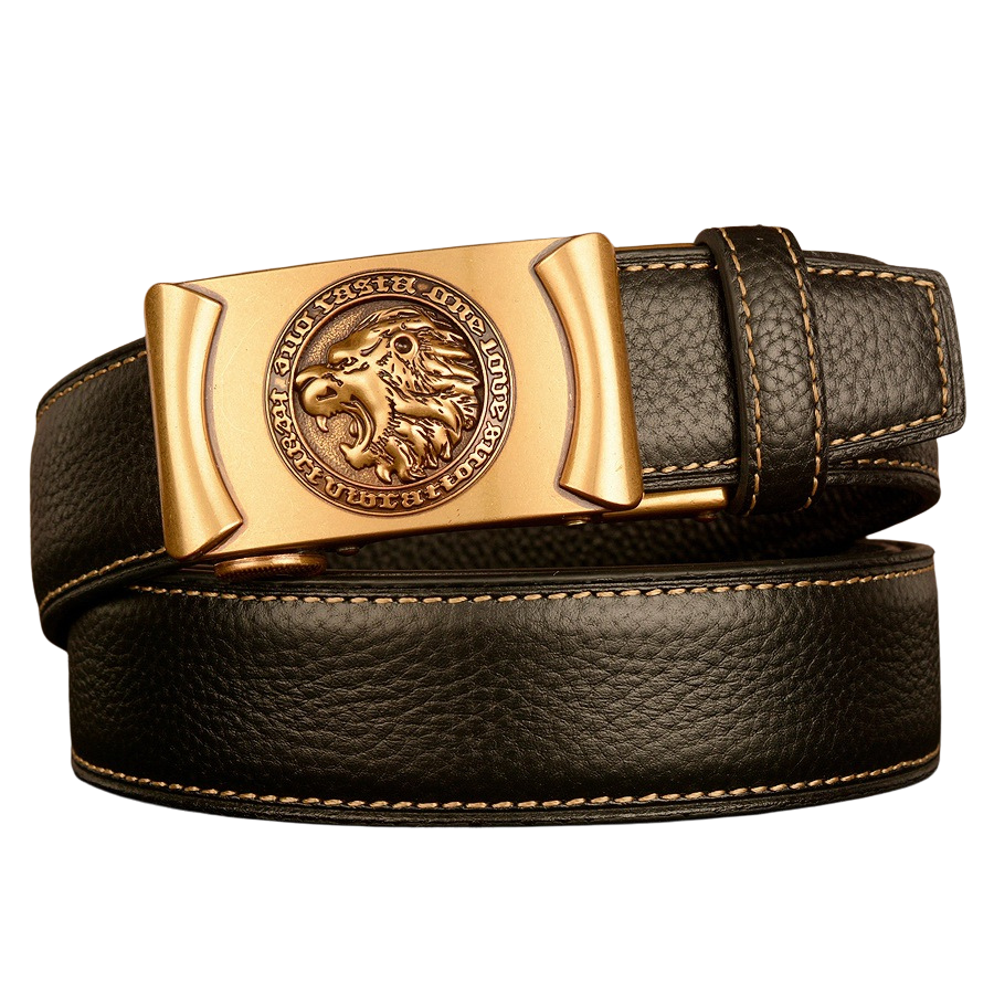 Ceinture homme Célestin 10 en cuir noir texturé avec boucle automatique dorée ornée d'un lion stylisé.