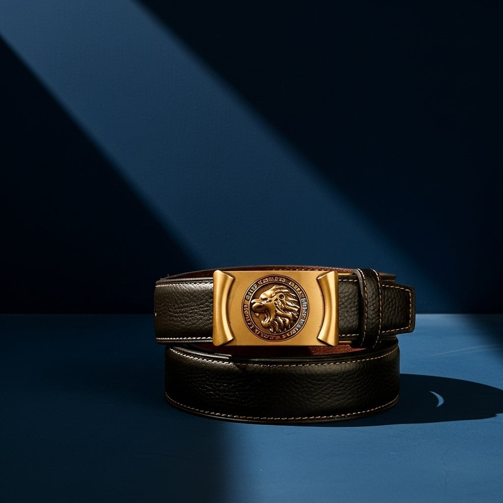 Ceinture homme Célestin 10 en cuir noir texturé avec boucle automatique dorée ornée d'une tête de lion #fullwidth