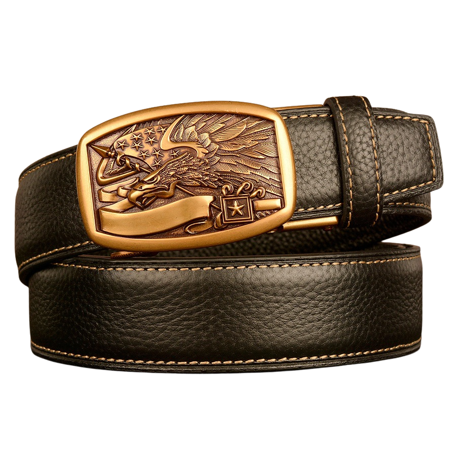Ceinture homme Célestin 12 en cuir noir avec boucle automatique dorée ornée d'un aigle stylisé et d'étoiles.
