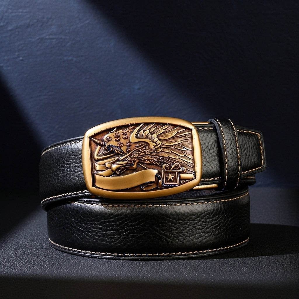 Ceinture homme Célestin 12 en cuir noir avec une boucle automatique dorée ornée d'un aigle en relief et d'une banderole. #fullwidth